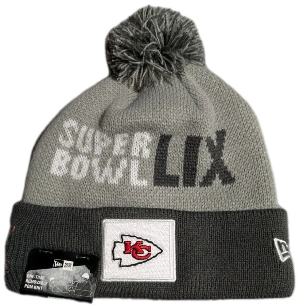 NWT Kansas City Chiefs Super Bowl LIX Knit Beanie Hat New Era‎ Gray Pom NFL
